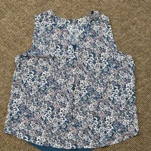 Loft Outlet Blue Floral Sleeveless Shell Blouse V-Neck Cutout Top L XL
